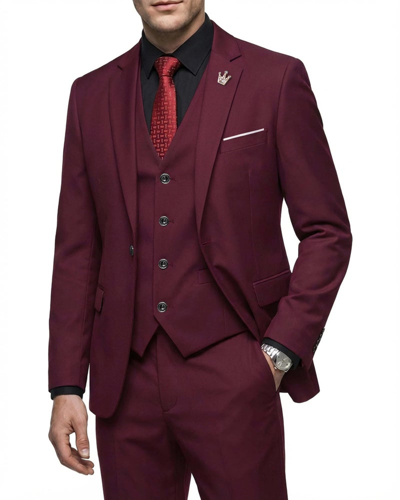 MYS MY'S Men's 3 Piece Suit Set with Tie, One Button Slim Fit Jacket Vest & Pants, Party Wedding Prom Blazer Waistcoat & Trousers, Burgundy Large - Image 1